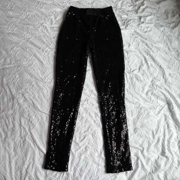Wanhaofashion Black Sequin Leggings Elastic Waist - Picture 1 of 10